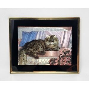 Vtg Foil Art Framed Persian Cat Lounging Picture Gold Tone Frame Kitty 8"x10"